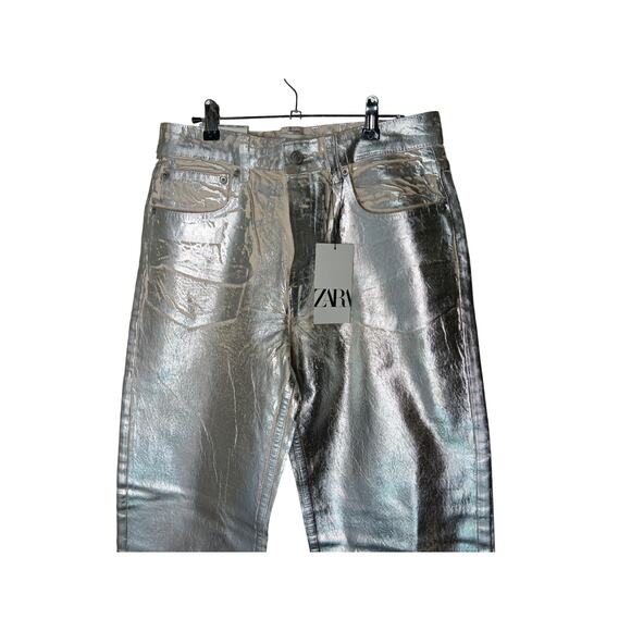 Zara Silver Metallic Pants The Boy Boy Fit Size 8 (EUR 40) Straight Leg Mid Rise - Picture 6 of 14